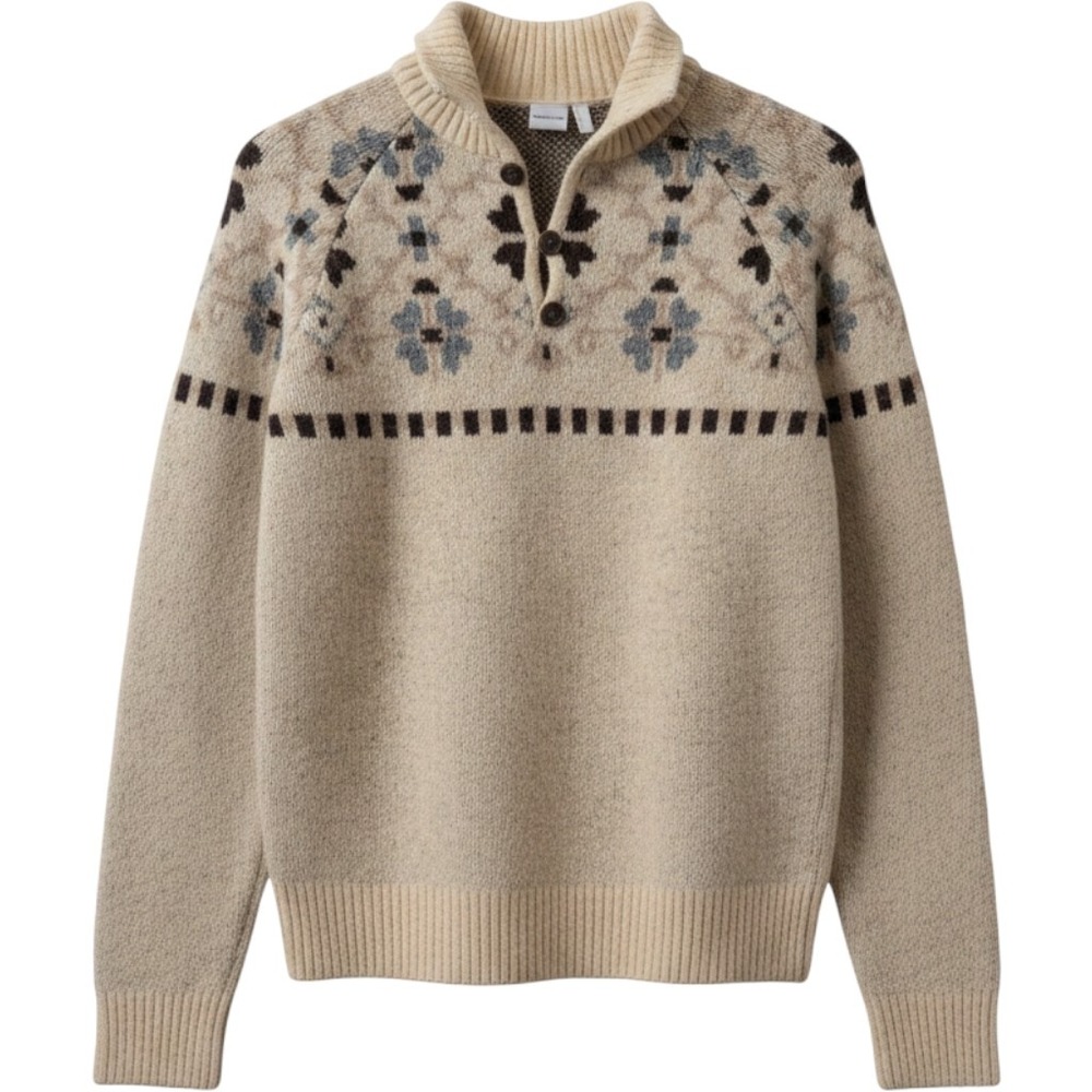 VTG Nordic Cinch Fair Isle Sweater Sz Small Oatmeal Blue Aztec Coastal Grandma